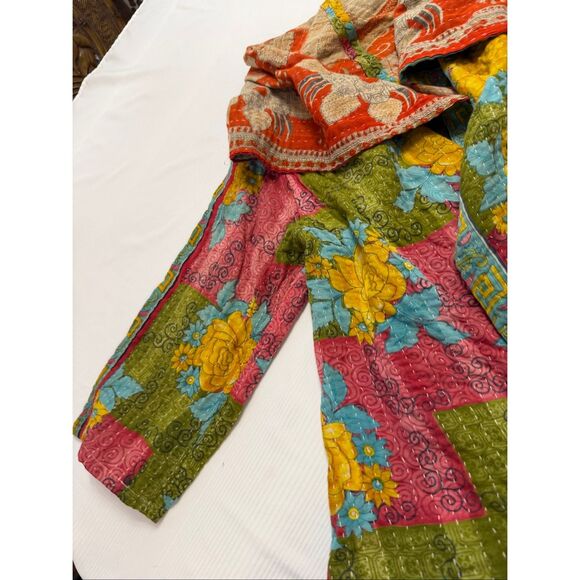Kantha Patchwork Kimono Jacket Reversible Colorful Boho Patch Pockets O/S - Picture 15 of 16